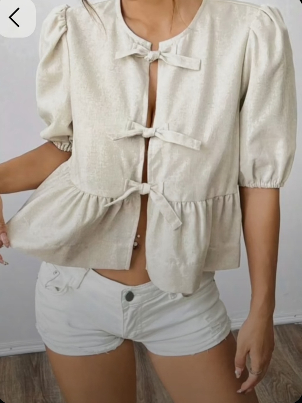 Cream Tie-Front Puff Sleeve Peplum Blouse - Picture 2 of 9